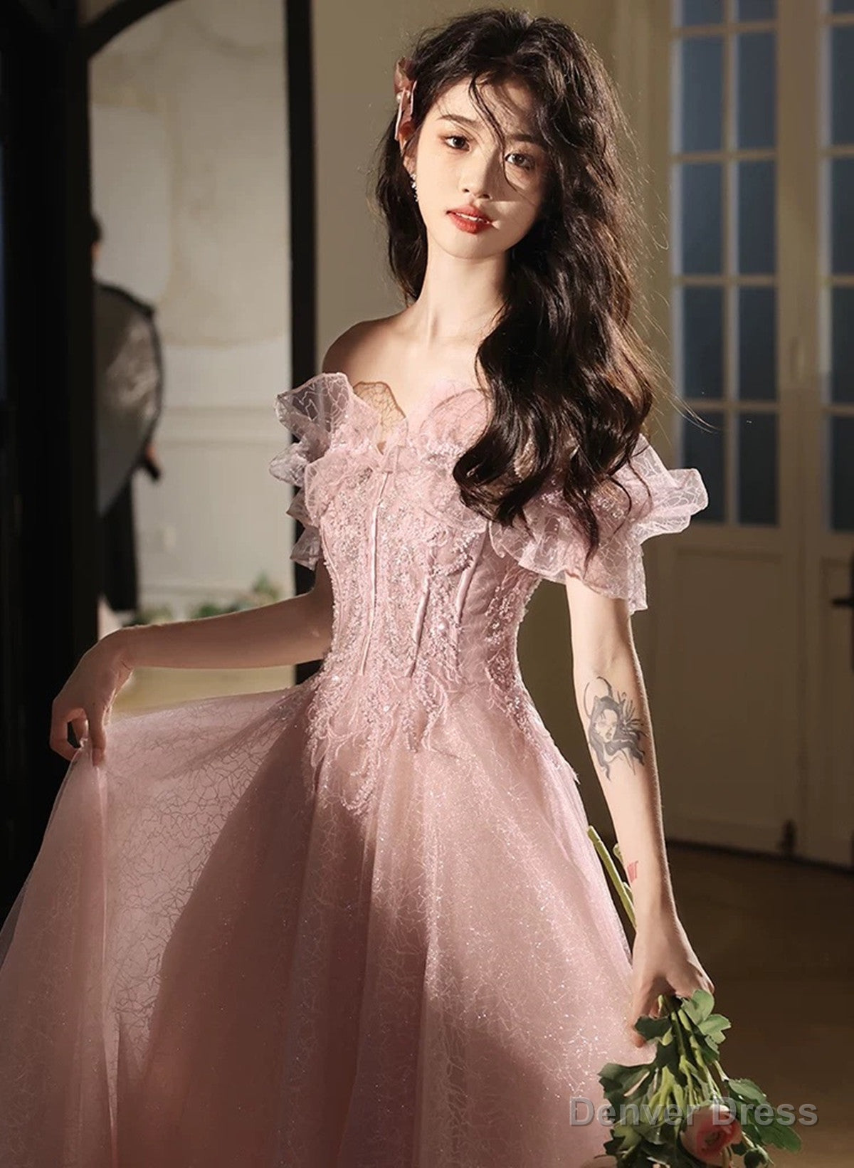 Pink Off Shoulder Tulle with Beaded Long Prom Dress, Pink Tulle Prom Dress