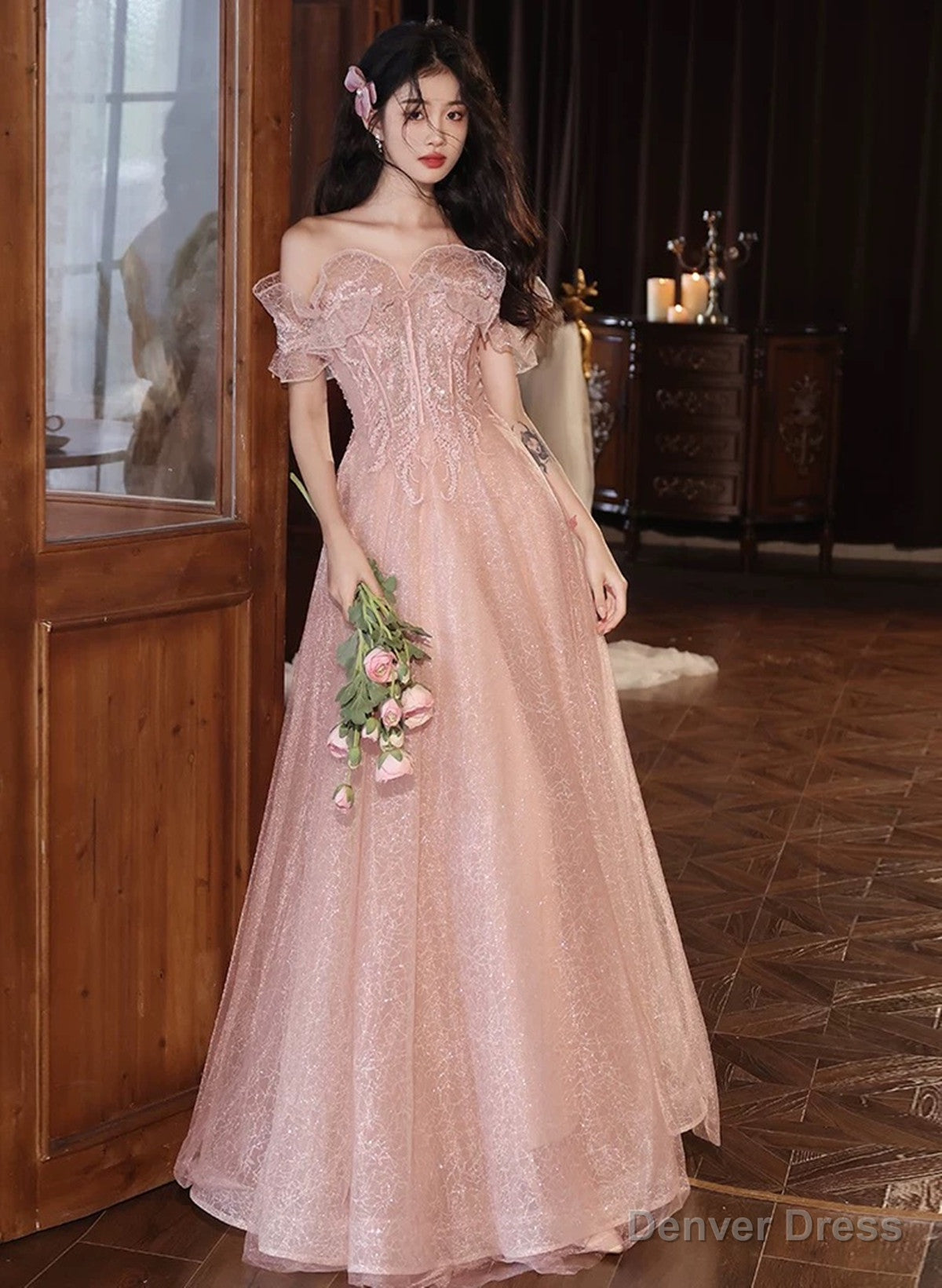 Pink Off Shoulder Tulle with Beaded Long Prom Dress, Pink Tulle Prom Dress