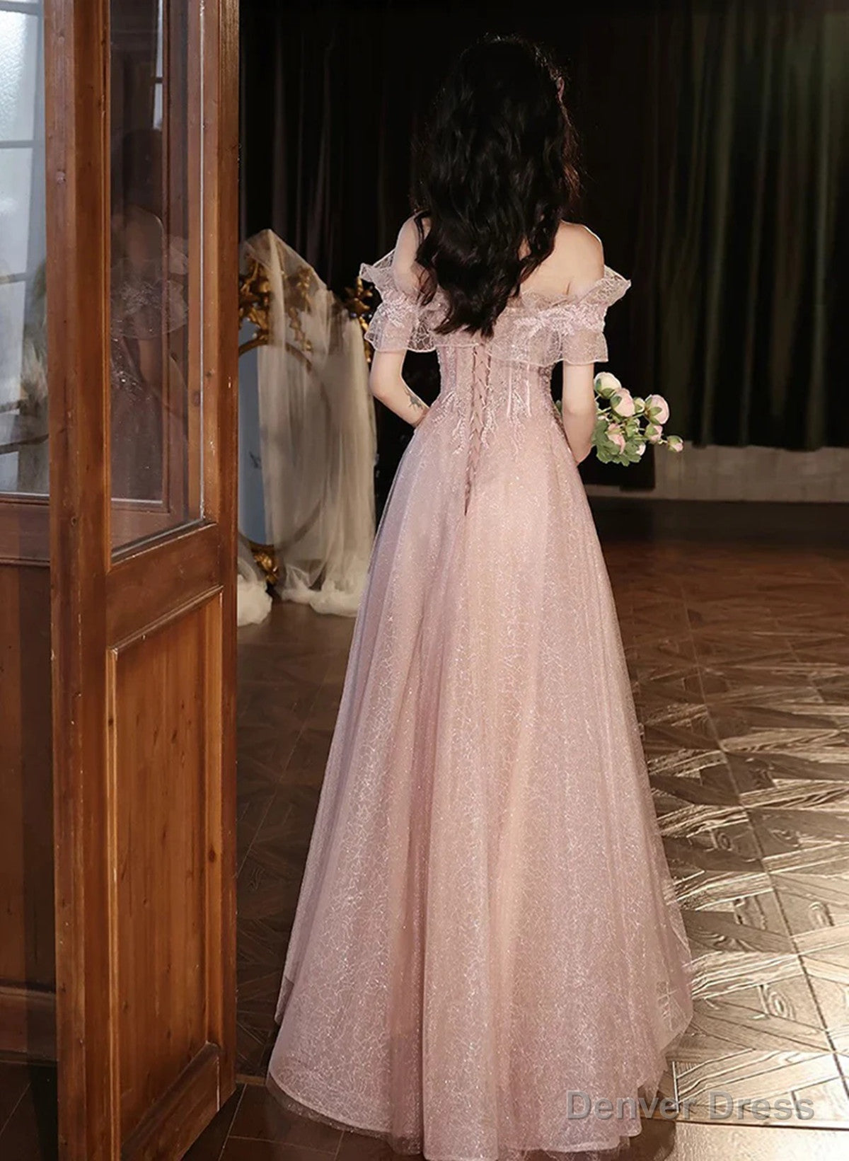Pink Off Shoulder Tulle with Beaded Long Prom Dress, Pink Tulle Prom Dress