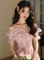 Pink Off Shoulder Tulle with Beaded Long Prom Dress, Pink Tulle Prom Dress