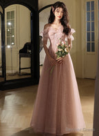 Pink Off Shoulder Tulle with Beaded Long Prom Dress, Pink Tulle Prom Dress