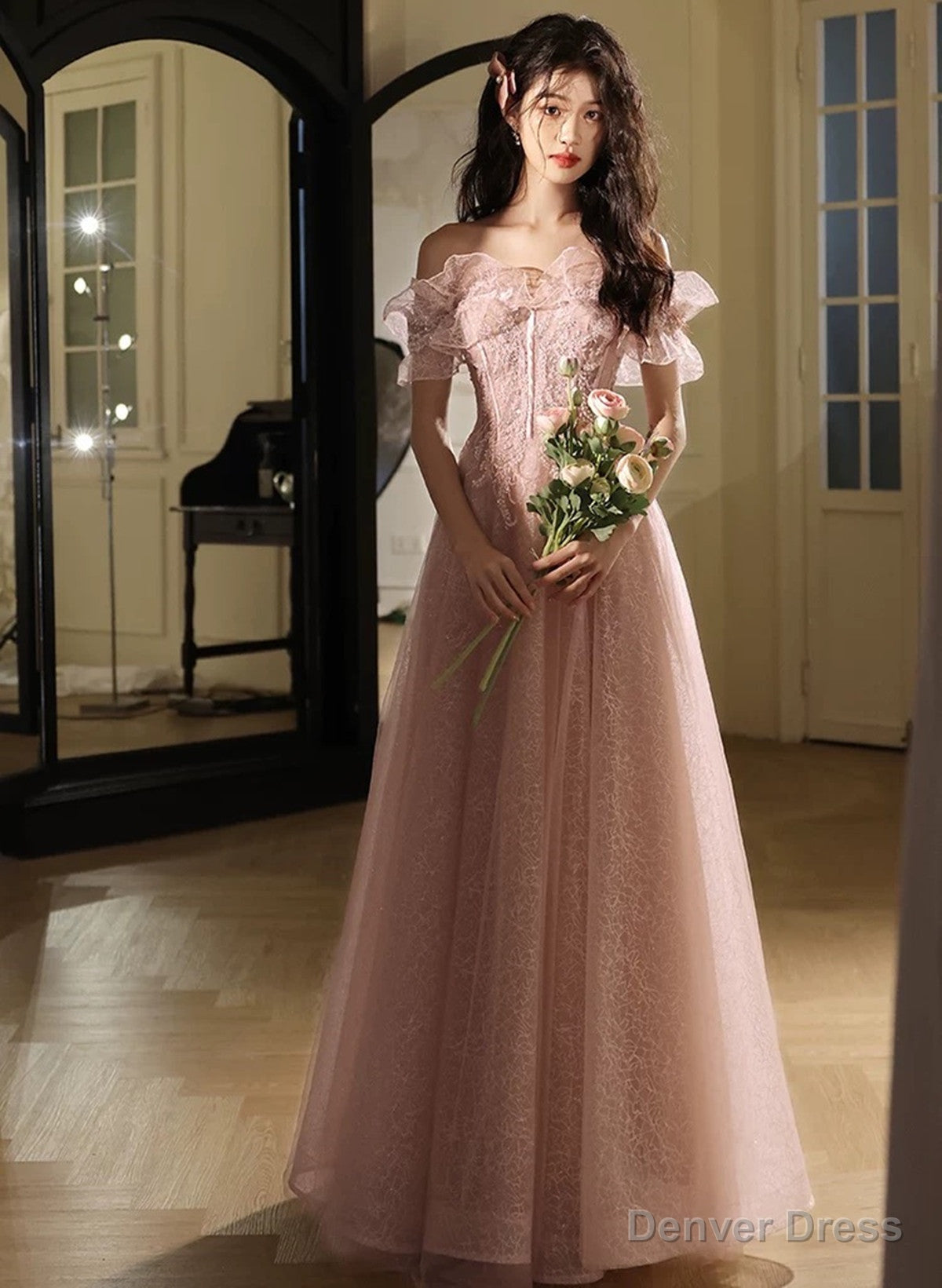 Pink Off Shoulder Tulle with Beaded Long Prom Dress, Pink Tulle Prom Dress