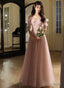 Pink Off Shoulder Tulle with Beaded Long Prom Dress, Pink Tulle Prom Dress