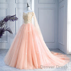 Pink Off Shoulder Tulle With Flowers Ball Gowns Sweet 16 Dress, Pink Quinceanera Dresses