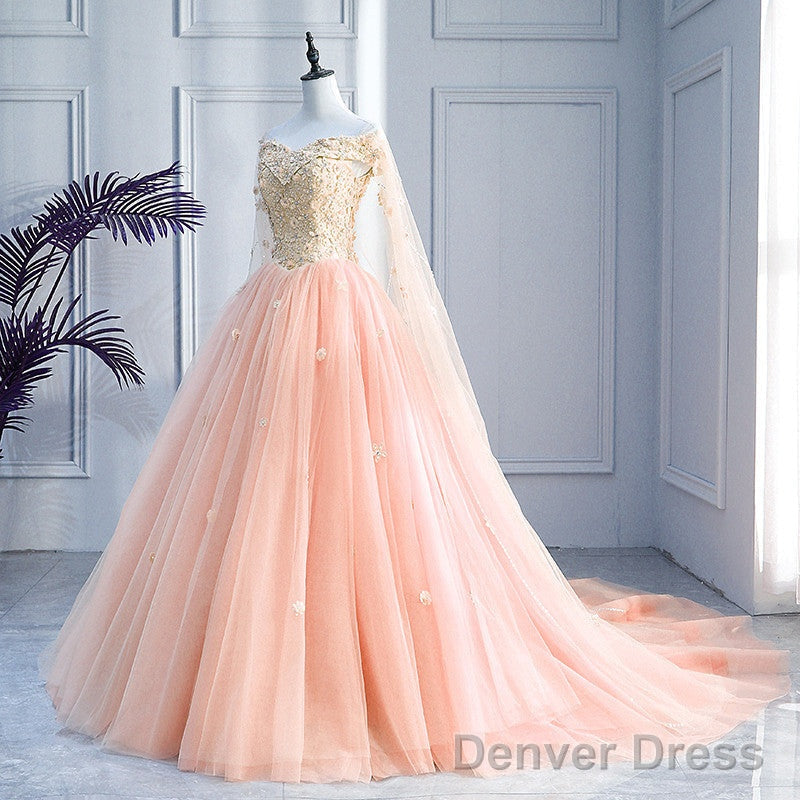 Pink Off Shoulder Tulle With Flowers Ball Gowns Sweet 16 Dress, Pink Quinceanera Dresses