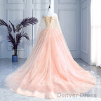 Pink Off Shoulder Tulle With Flowers Ball Gowns Sweet 16 Dress, Pink Quinceanera Dresses