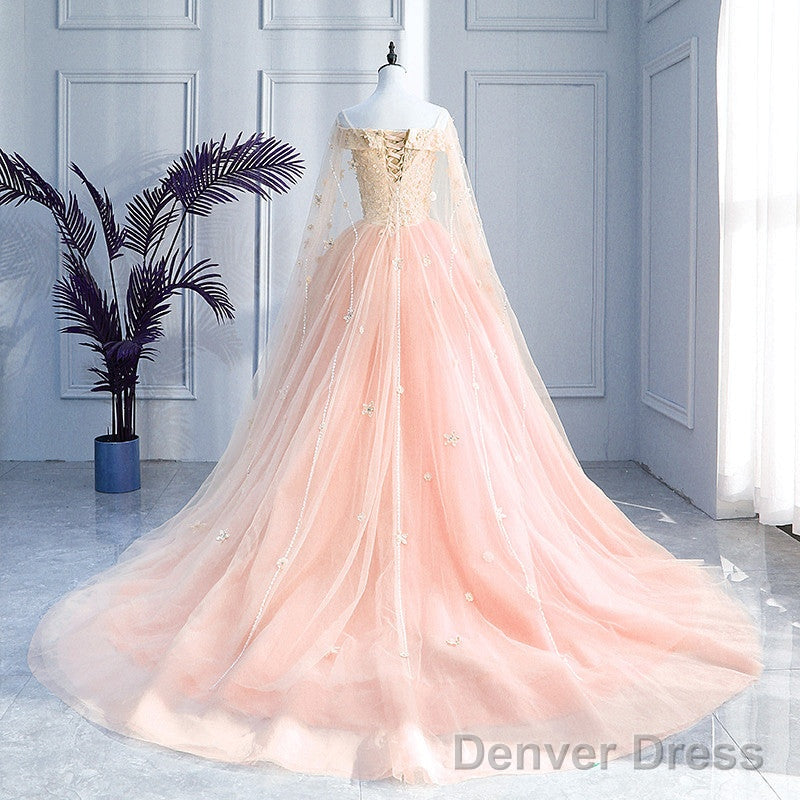 Pink Off Shoulder Tulle With Flowers Ball Gowns Sweet 16 Dress, Pink Quinceanera Dresses