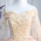 Pink Off Shoulder Tulle With Flowers Ball Gowns Sweet 16 Dress, Pink Quinceanera Dresses