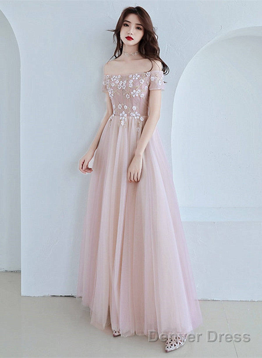 Pink Off Shoulder With Flowers A-Line Prom Dress, Tulle Floor Length Prom Dresses