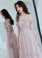Pink Off Shoulder With Flowers A-Line Prom Dress, Tulle Floor Length Prom Dresses