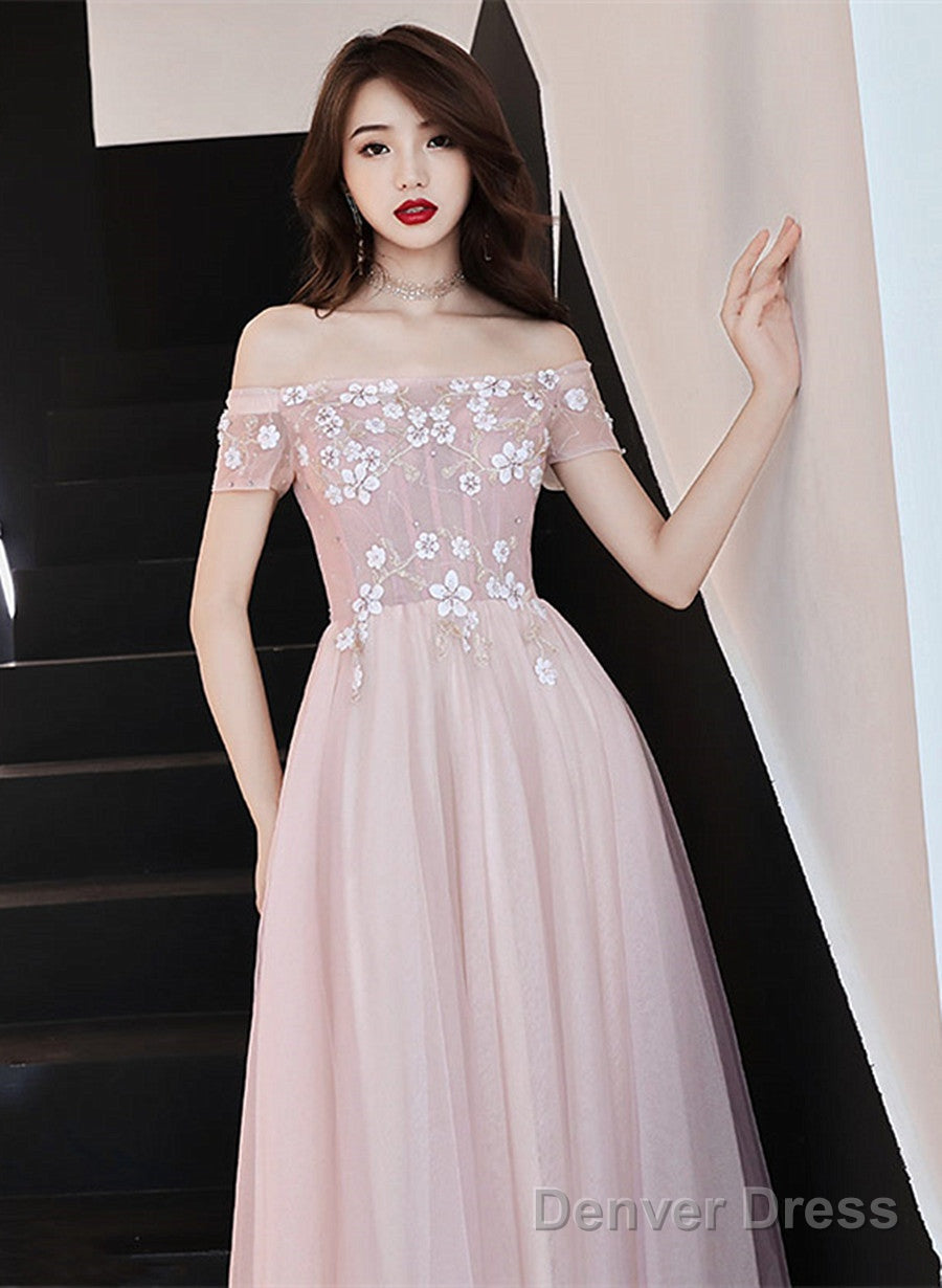 Pink Off Shoulder With Flowers A-Line Prom Dress, Tulle Floor Length Prom Dresses