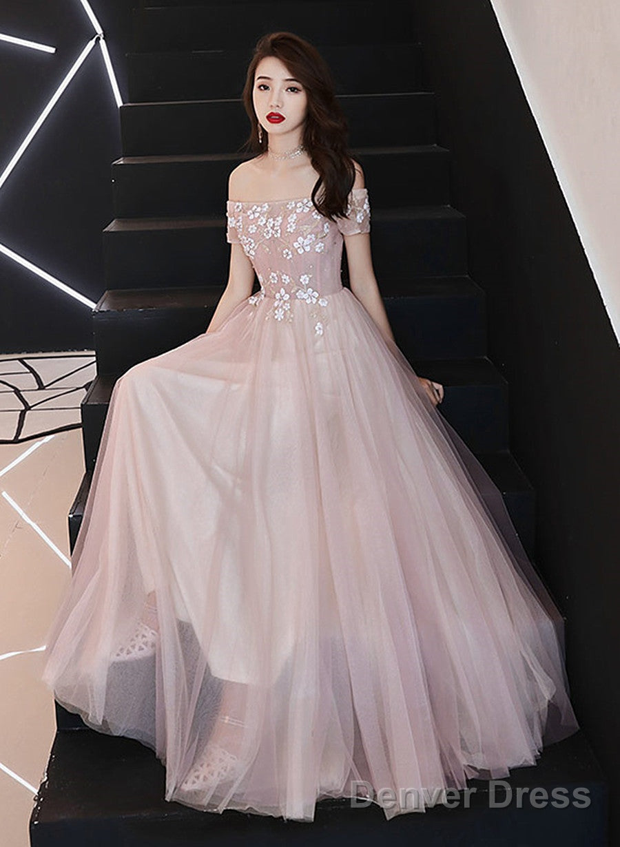 Pink Off Shoulder With Flowers A-Line Prom Dress, Tulle Floor Length Prom Dresses