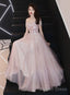 Pink Off Shoulder With Flowers A-Line Prom Dress, Tulle Floor Length Prom Dresses
