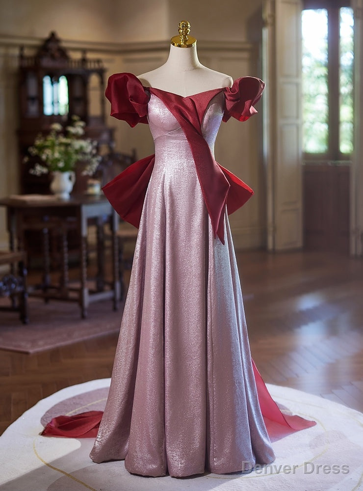 Pink Off the Shoulder Bow Prom Dresses Main image