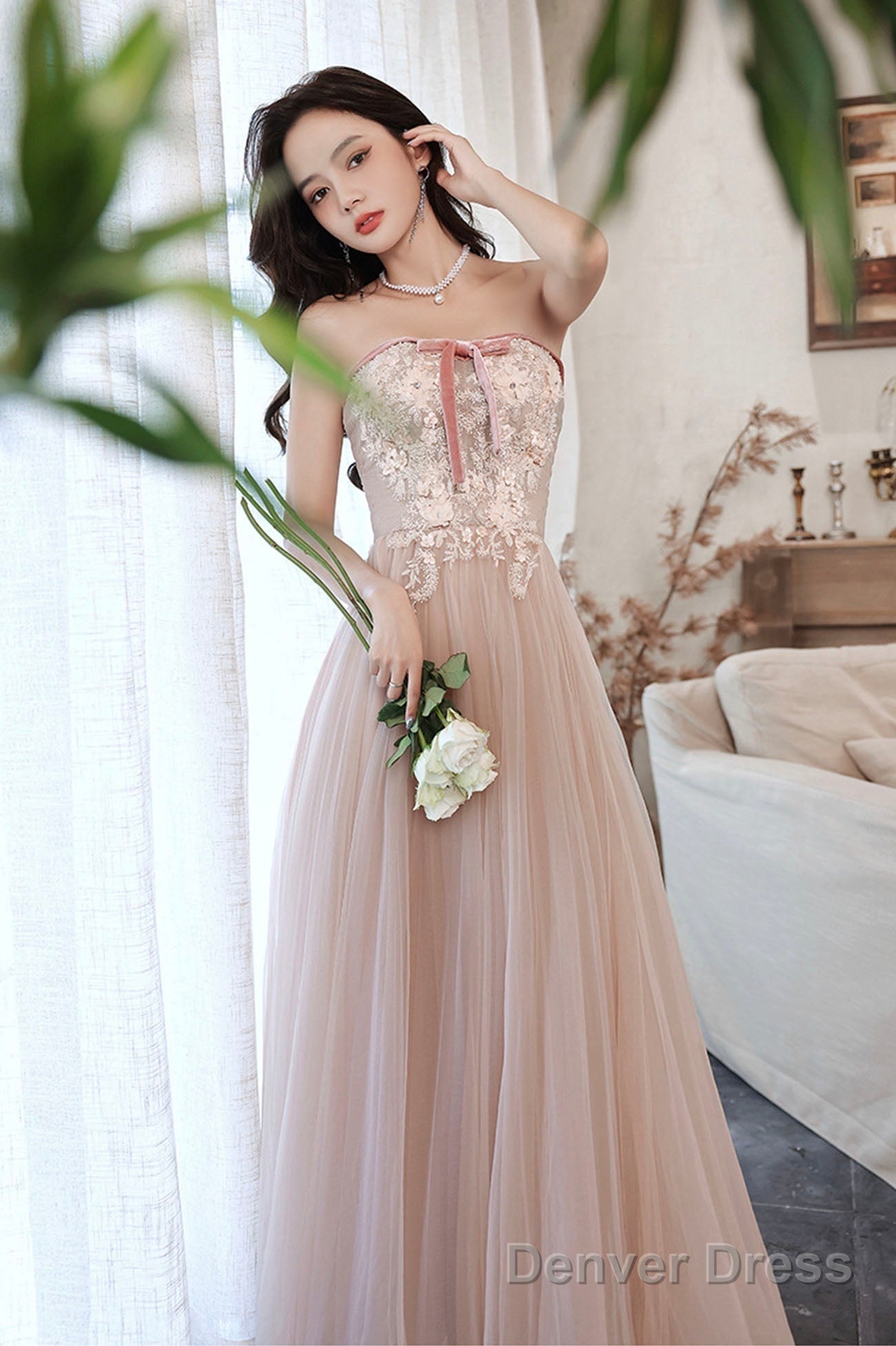Pink Off The Shoulder Lace Prom Dress, A-Line Prom Dresses Secondary image