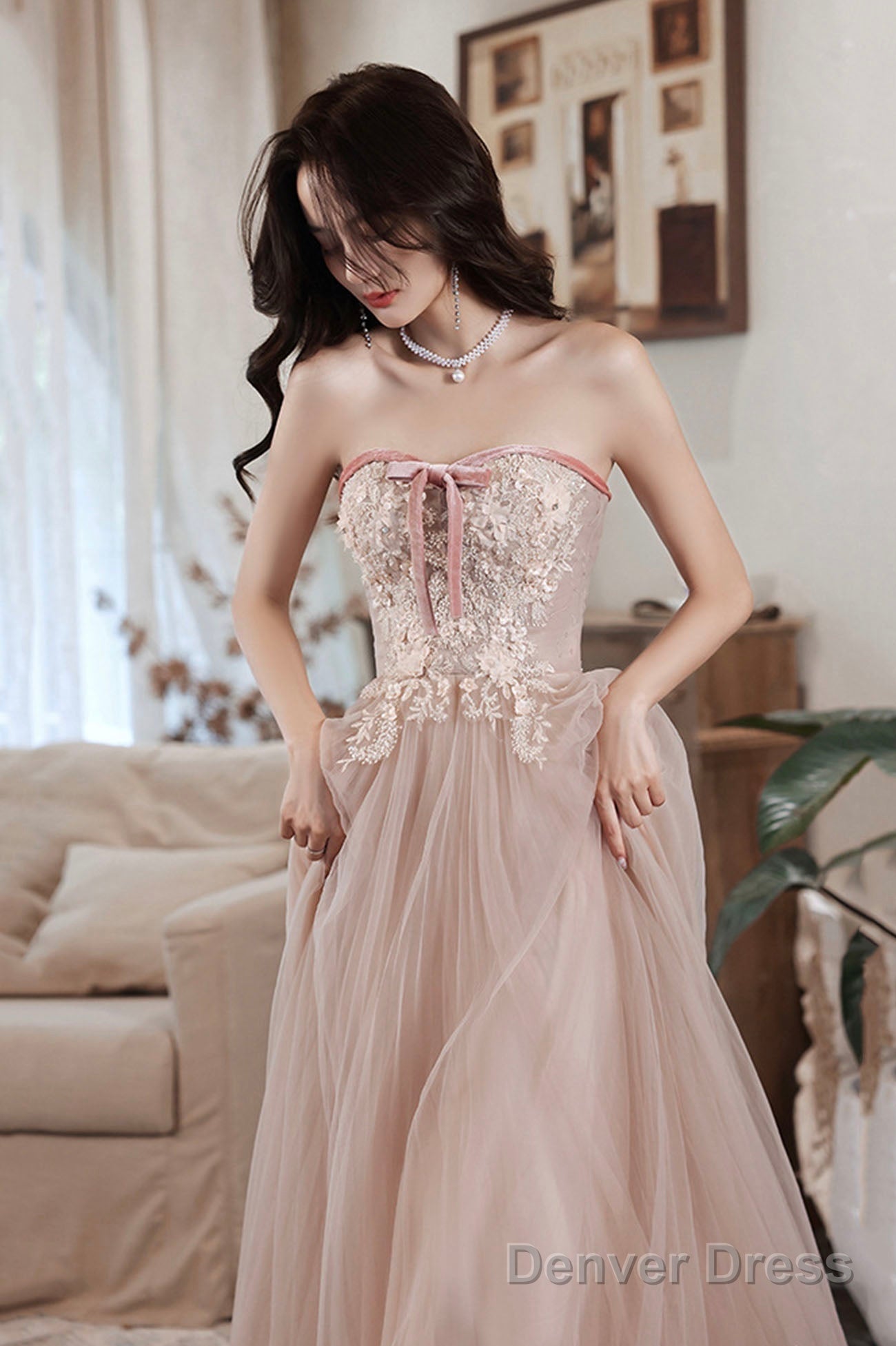 Pink Off The Shoulder Lace Prom Dress, A-Line Prom Dresses