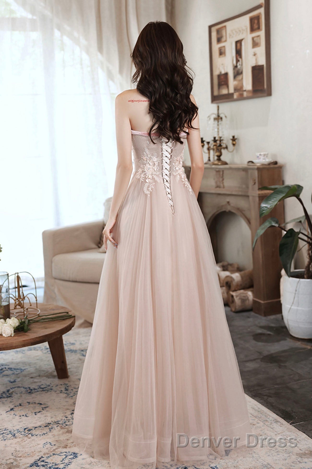 Pink Off The Shoulder Lace Prom Dress, A-Line Prom Dresses