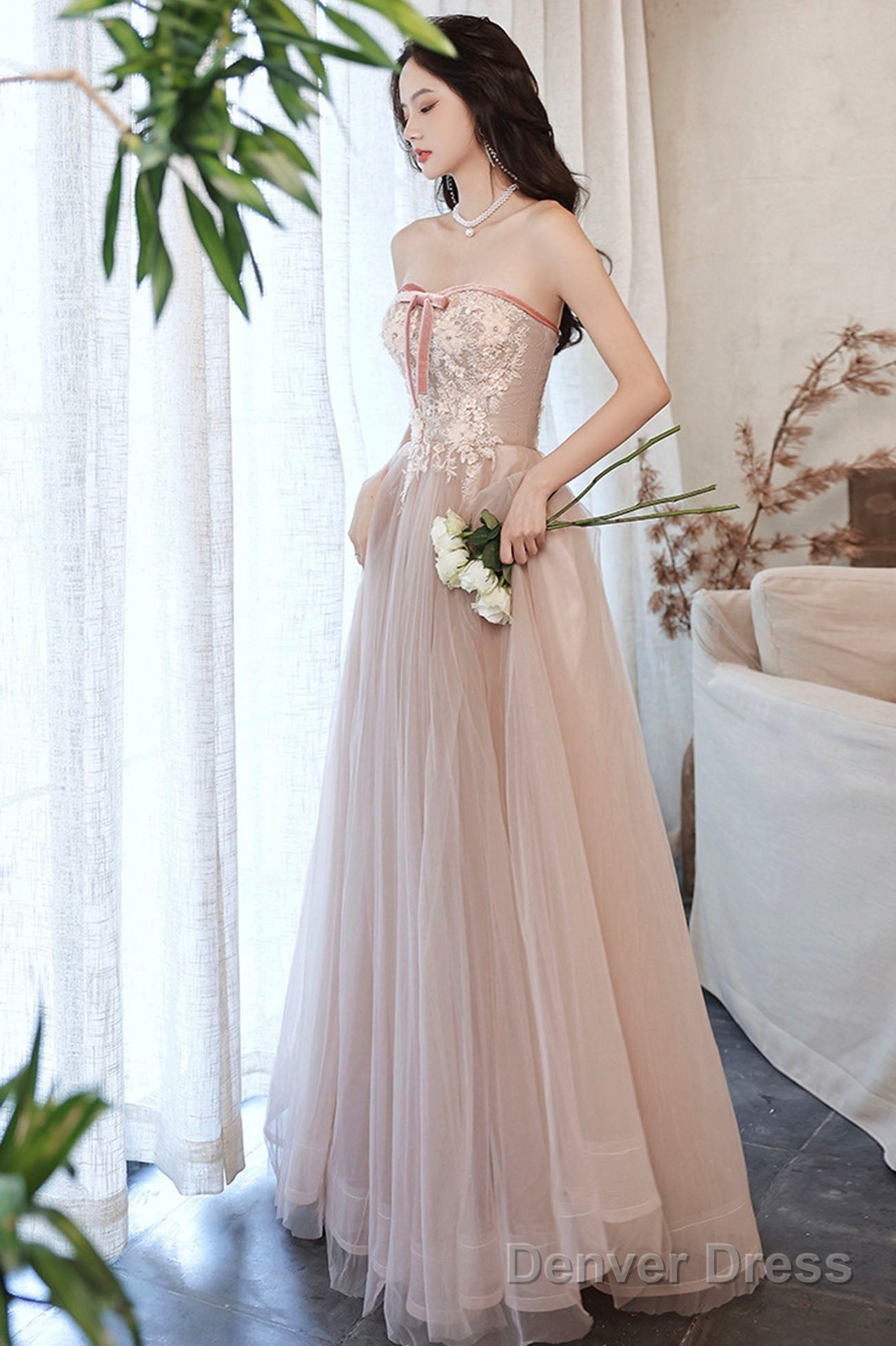 Pink Off The Shoulder Lace Prom Dress, A-Line Prom Dresses
