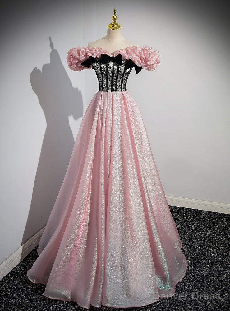 Pink Off the Shoulder Lave Bow Prom Dresses Main image