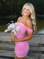 Pink Off The Shoulder Tulle Homecoming Dress Short Cocktail Dresses