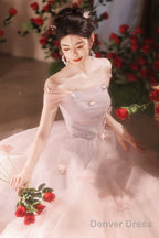 Pink Off The Shoulder Tulle Prom Dress, Lovely A-Line Long Formal Graduation Dress