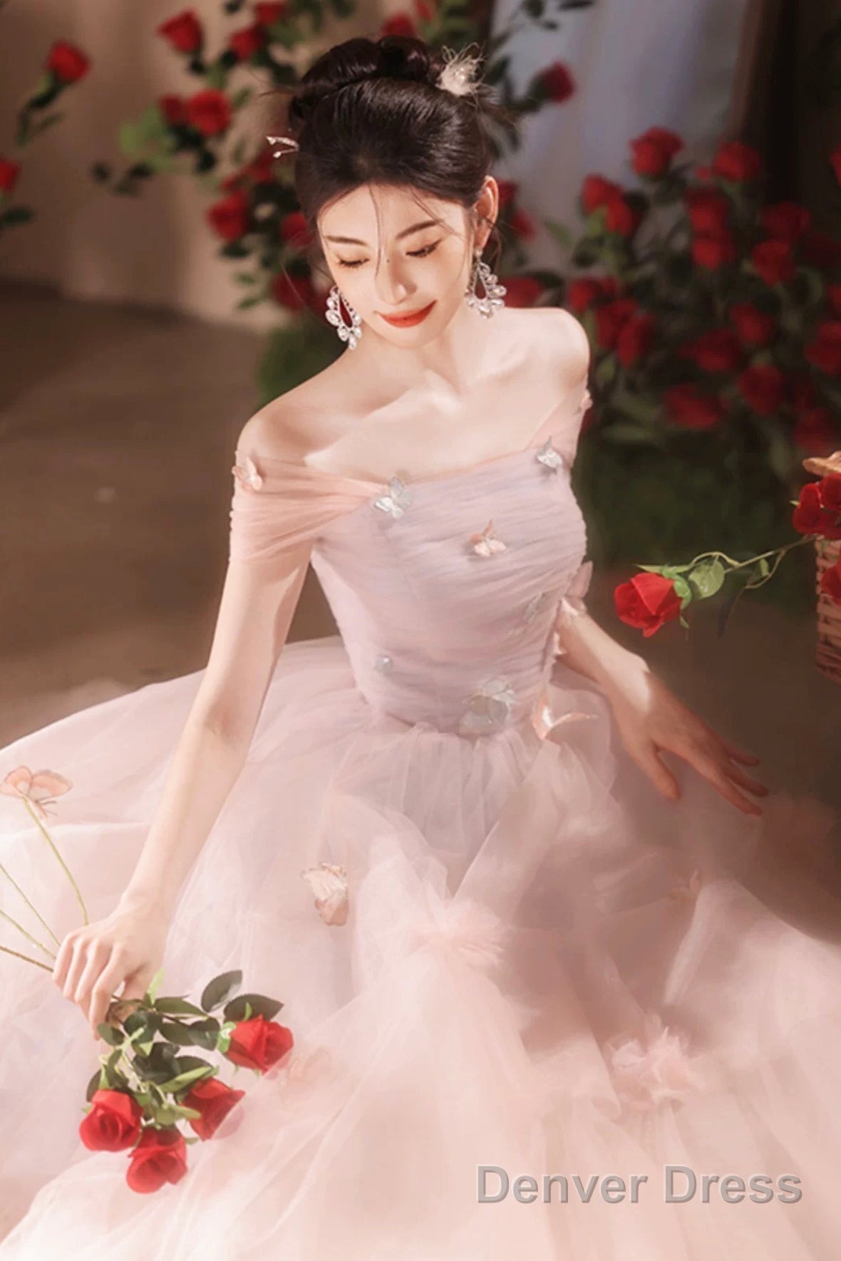 Pink Off The Shoulder Tulle Prom Dress, Lovely A-Line Long Formal Graduation Dress