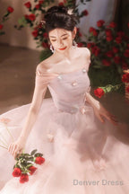 Pink Off The Shoulder Tulle Prom Dress, Lovely A Line Long Prom Graduation Dresses