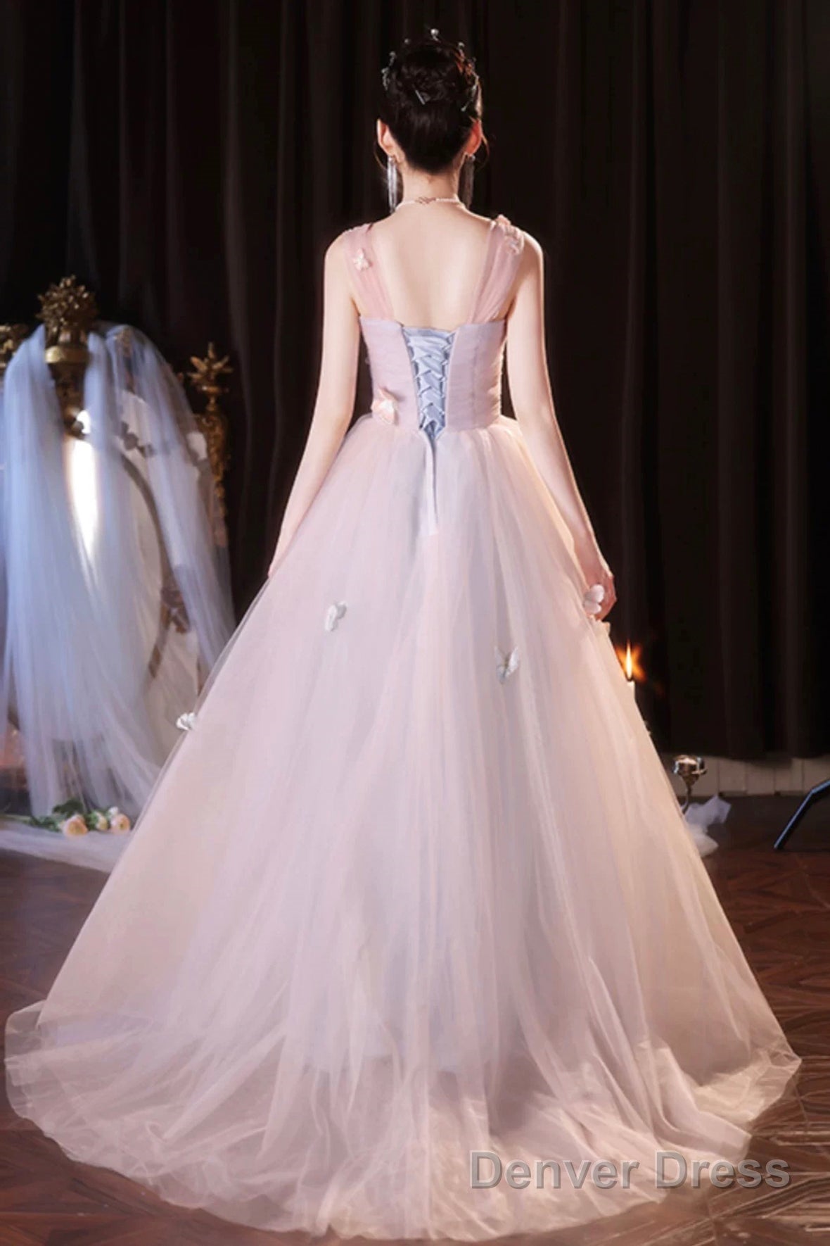 Pink Off The Shoulder Tulle Prom Dress, Lovely A-Line Long Formal Graduation Dress