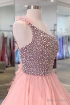 Pink One Shoulder Beaded Prom Dresses, Pink Tulle Layers Prom Gowns