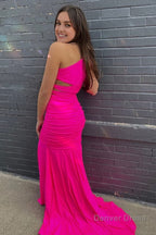Pink One Shoulder Mermaid Long Prom Dresses