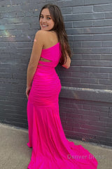 pink one shoulder mermaid long prom dress