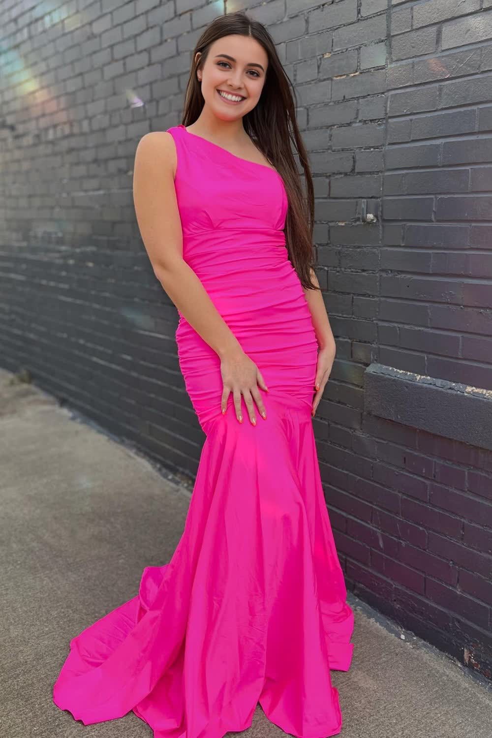 pink one shoulder mermaid long prom dress