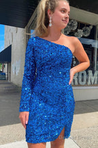 Pink One Shoulder One Sleeve Sequins Tight Short Homecoming Dress