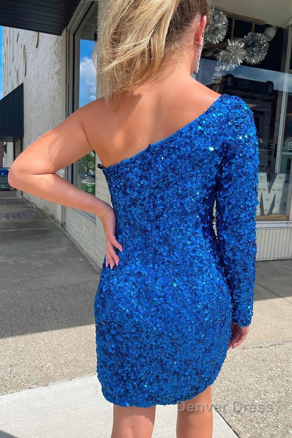 Pink One Shoulder One Sleeve Sequins Tight Short Homecoming Dresses
