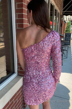 Pink One Shoulder One Sleeve Sequins Tight Short Homecoming Dresses