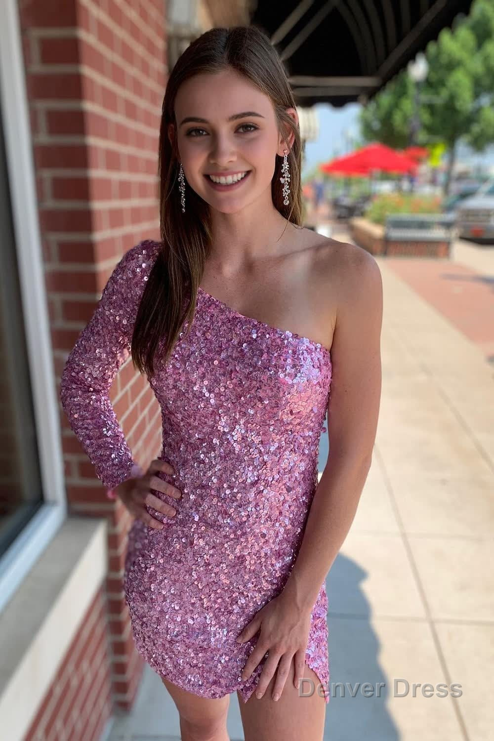 pink one shoulder one sleeve sequins tight short homecoming dress