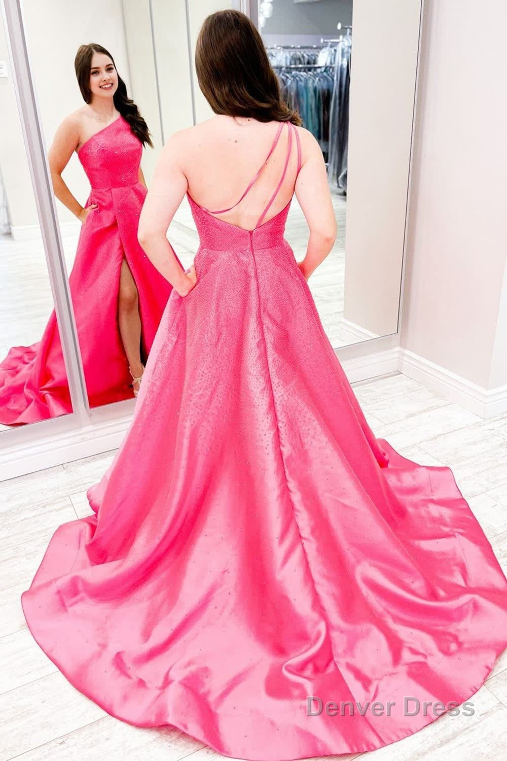 Pink One Shoulder Satin A-Line Prom Dress with Pockets Secondary image