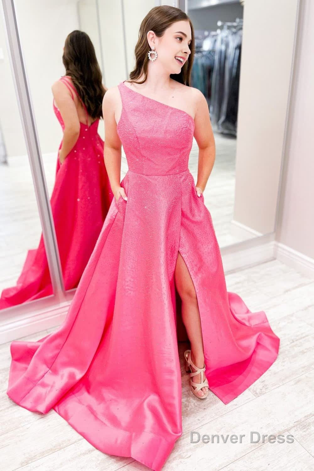 Pink One Shoulder Satin A-Line Prom Dress with Pockets Main image