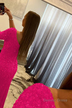 Pink One Shoulder Sequined Prom Dresses