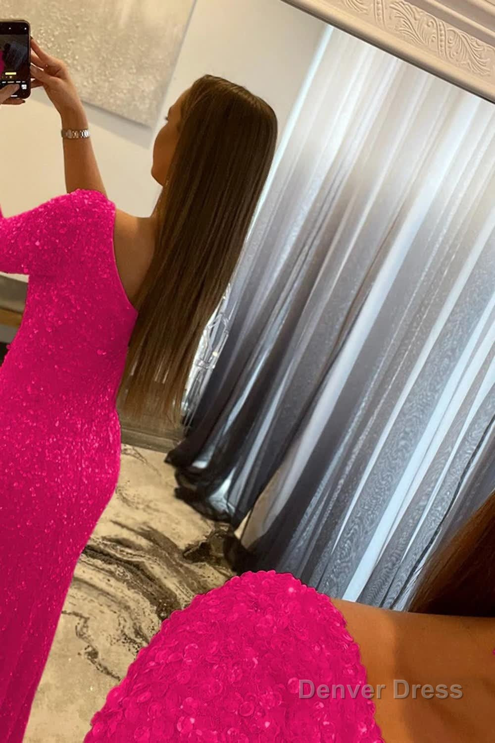 Pink One Shoulder Sequined Prom Dresses