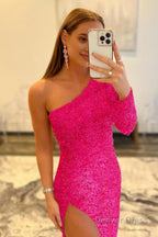 Pink One Shoulder Sequined Prom Dresses
