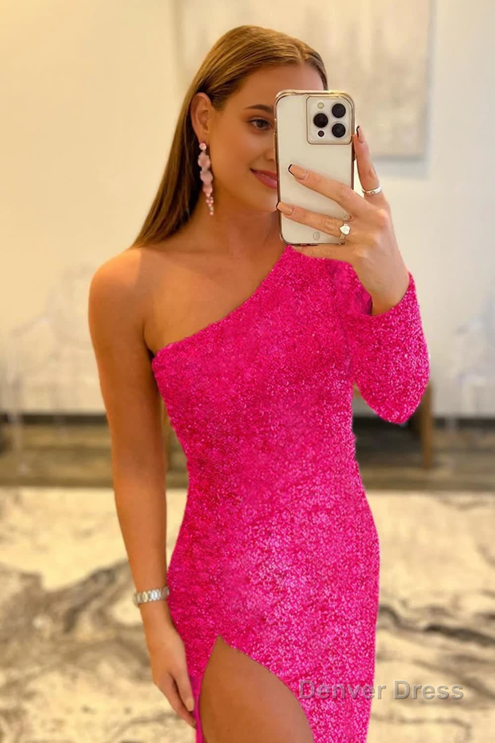 Pink One Shoulder Sequined Prom Dresses