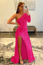 Pink One Shoulder Sequined Prom Dresses