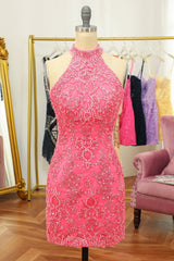 pink open back halter lace tight homecoming dress