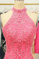 pink open back halter lace tight short homecoming dress