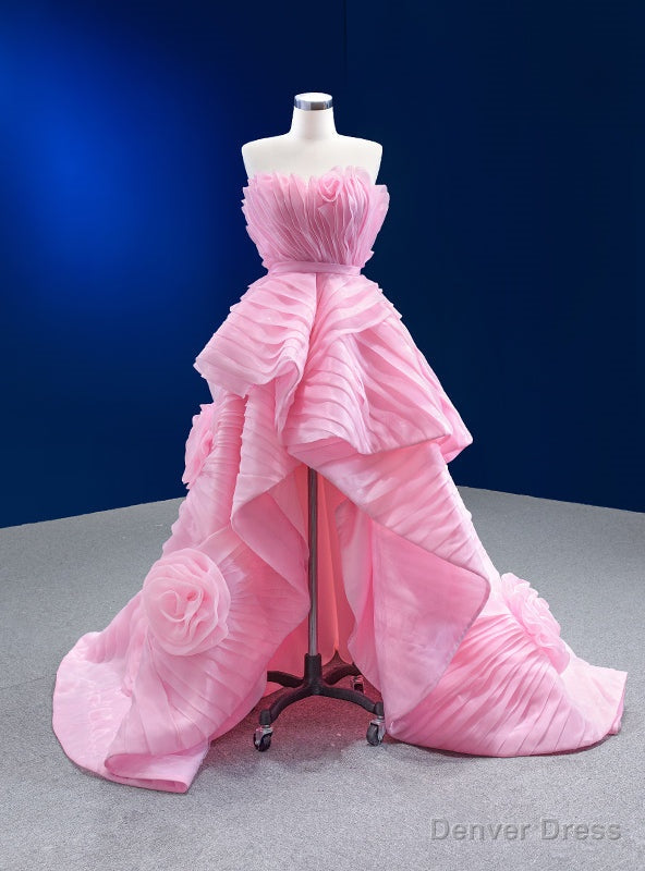 Pink Organza Strapless Pleats Flower Prom Dresses