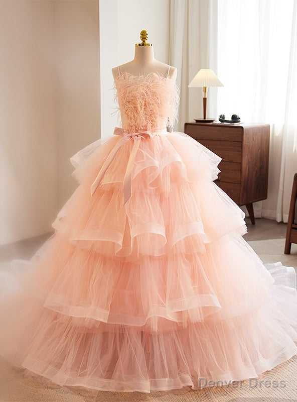 Pink Princess Tulle Spaghetti Straps Feather Prom Dress Main image
