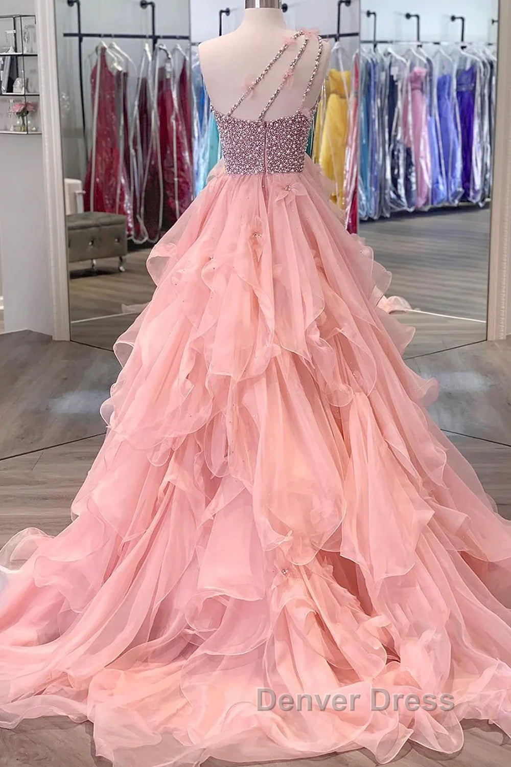 Pink Prom Dresses A Line One Shoulder Long Party Evening Dresses with Beading Ruffles