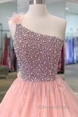 Pink Prom Dress A Line One Shoulder Long Party Evening Dress with Beading Ruffles