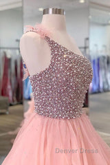 Pink Prom Dress A Line One Shoulder Long Party Evening Dress with Beading Ruffles